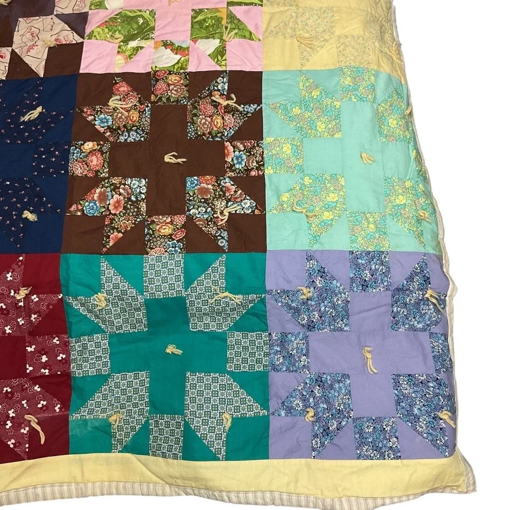 Vintage Handmade‎ Bears Paw Patchwork Quilt 1940s-1950s Cotton Hand-Tied Full Sz